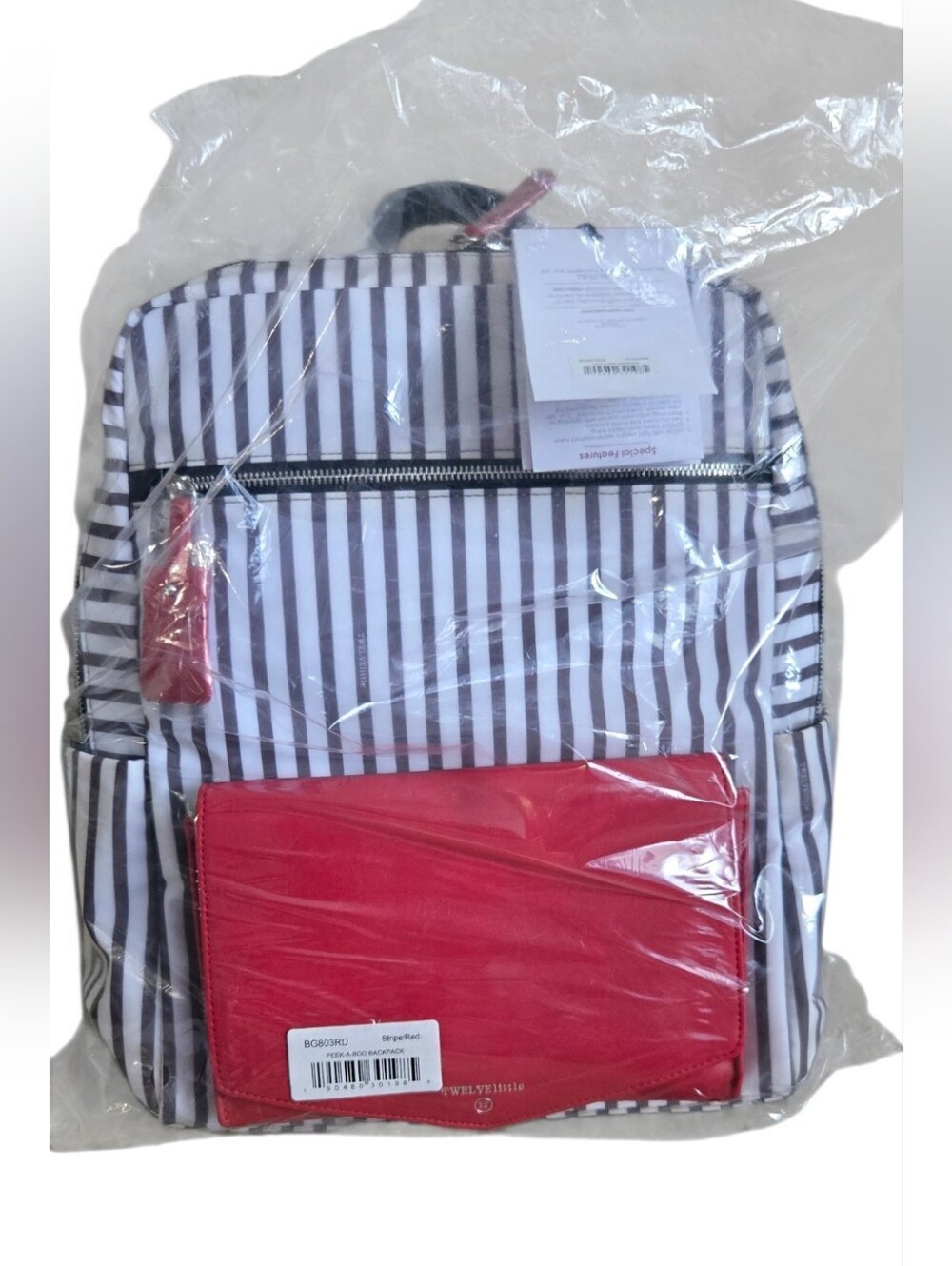 NWT TWELVElittle Peek-A-Boo Diaper Bag Backpack Stripe Red Clutch